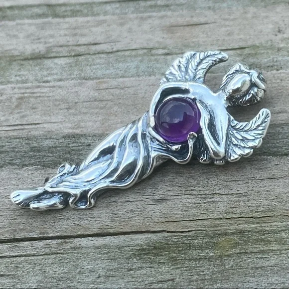 Dream Angel Pendant solid .925 Sterling Silver w/ genuine Amethyst made in USA - Picture 4 of 12